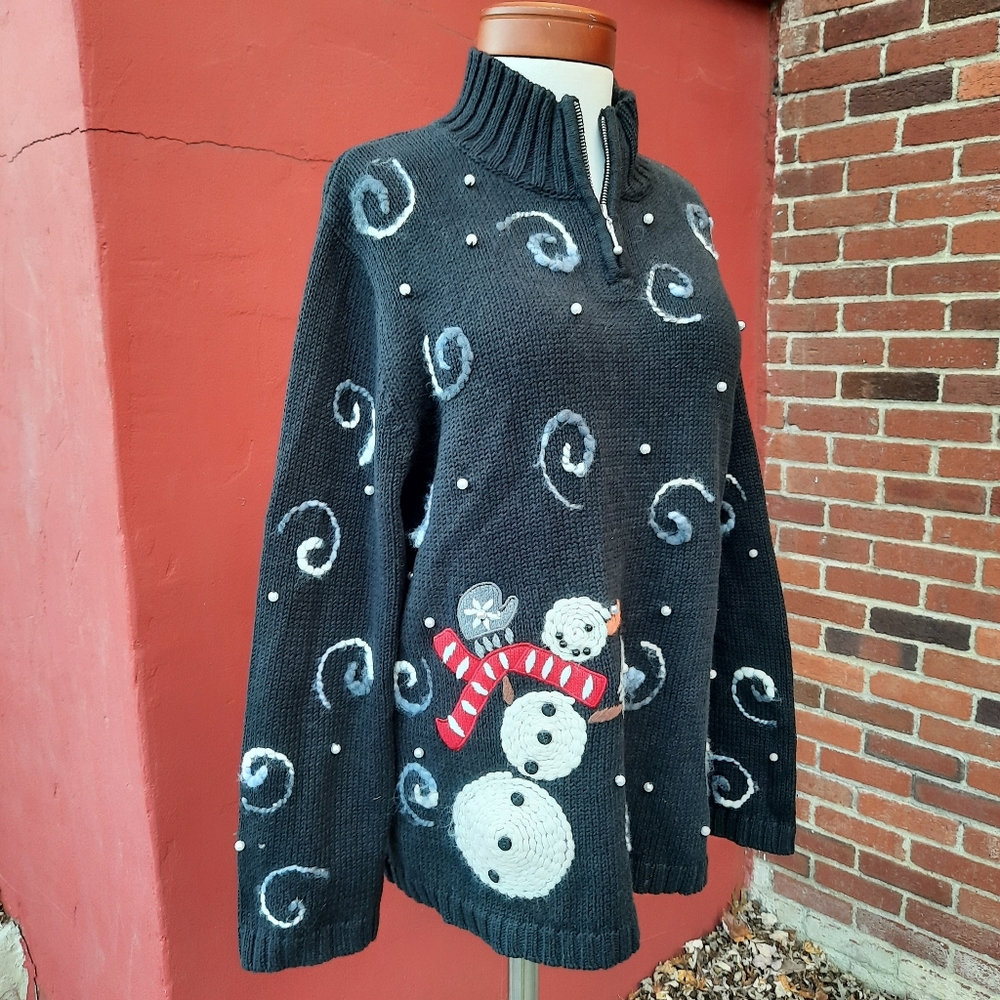 Vintage Ugly Christmas Sweater Snowman Snow Embroidered Mock Neck Holiday